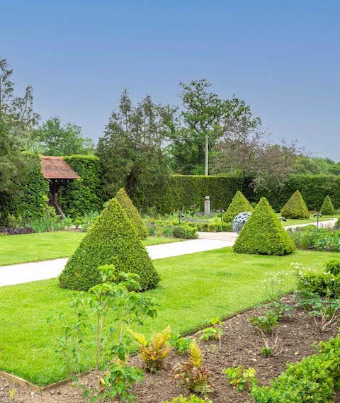 formal garden design showing lawn and shaped trees